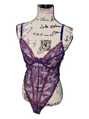 Savage X Fenty Purple Lace Sheer High Leg Teddy with Pink Trim